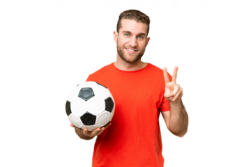 Handsome young football player man over isolated chroma key background smiling and showing victory sign