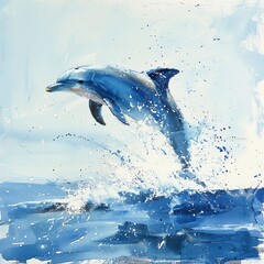 Playful dolphin leaping, ocean spray, side angle, bright daylight, crisp white setting