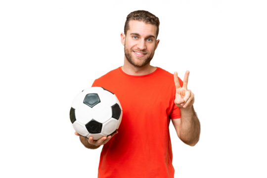 Handsome young football player man over isolated chroma key background smiling and showing victory sign
