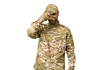 Military man over isolated chroma key background covering eyes by hands and smiling