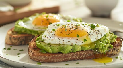 Start your day with a nutritious breakfast of avocado toast and eggs. Savor the creamy avocado and protein-packed eggs on top of crispy toast.