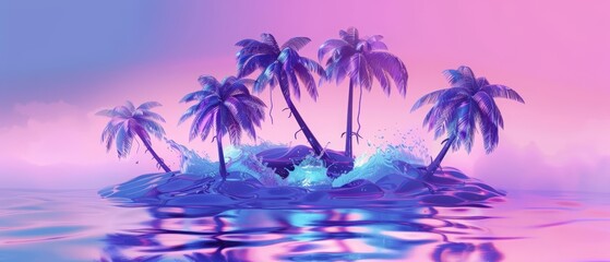 Obraz premium Futuristic Pop art style of a floating island resort with bionic palm trees and digital waves