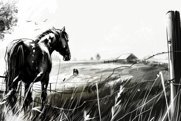 Farm Horse Drawing.  Generated Image.  A digital illustration of a drawing of a horse on a farm with bold lines.