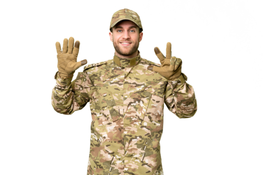 Military man over isolated chroma key background counting eight with fingers
