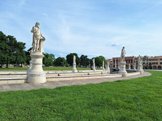 Prato della Valle with statues in Padova. Famous landmarks in Padova.