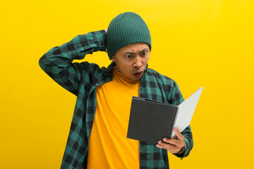 A shocked young Asian student, dressed in a beanie hat and casual shirt, encounters a challenging question during an exam they had forgotten to study for, standing against a yellow background