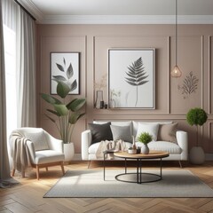 A living room with a template mockup poster empty white and with a couch and a coffee table photo harmony used for printing.