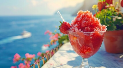 Sweet fruity treat from Italy, served in summer. Strawberry granita Siciliana is a half-frozen dessert. It comes with a sea view.