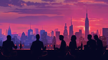Silhouette of businesspeople discussing management strategies against city skyline