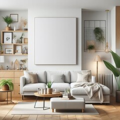 A living room with a template mockup poster empty white and with a couch and a coffee table standardscalex image realistic card design.