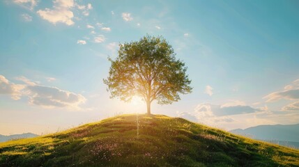 A single tree standing on a hill during a sunny day - Powered by Adobe