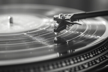 Vintage Vibes: Close-Up of Turntable Needle Playing Vinyl Record with Motion Blur on Flat Lay...
