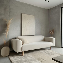 Minimalist living room, painted in cream, warm mood.