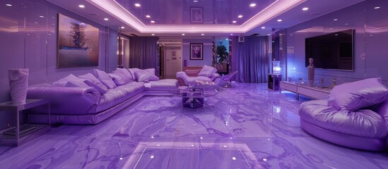 Lavish Futuristic Purple Paradise Opulent Luxury Lounge with Gleaming Steel Surfaces and Plush