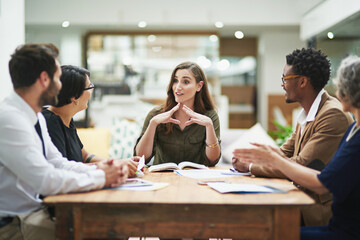 Business woman, office and corporate team for presenting creative project, career planning or strategy collaboration. Diversity, speaker and talking for creativity, share idea or meeting on success