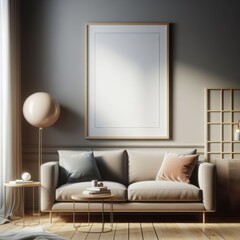 A living room with a template mockup poster empty white and with a couch and a picture frame image realistic attractive card design.
