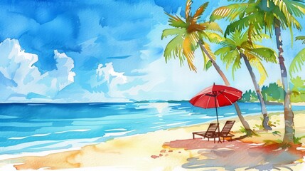 Sunny watercolor illustration showcasing the warmth and sunshine of a beach holiday