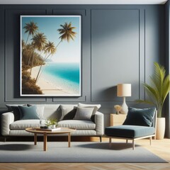 A living room with a template mockup poster empty white and with a couch and a picture on the wall image photo harmony used for printing.