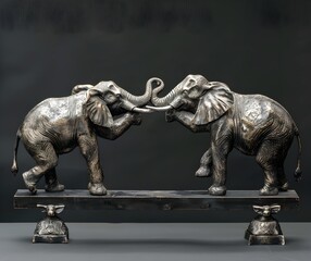 Three elephants stand on their hind legs and hold each other's tails with trunks