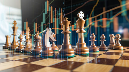 On a chessboard, pieces strategize amidst the highs and lows of stock graphs, blending the art of war with finance, super realistic
