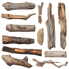 Set of textured driftwood isolated on white background.