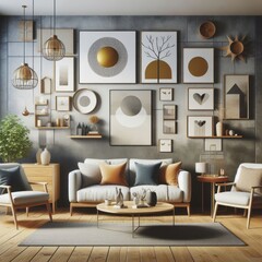 A living room with a template mockup poster empty white and with a couch and chairs image art realistic used for printing.