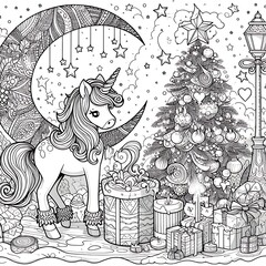 A coloring page of a unicorn and a christmas tree image photo lively illustrator.