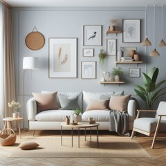 A living room with a template mockup poster empty white and with a couch and chairs image used for printing.
