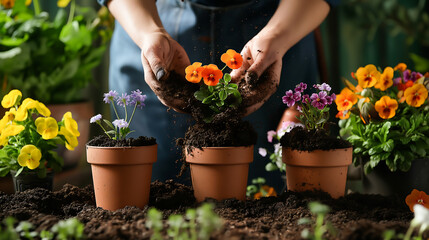 Gardener hands plant flowers in pots filled with dirt or soil