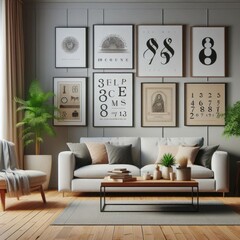 A living room with a template mockup poster empty white and with a couch and a coffee table standardscalex image photo used for printing.
