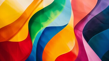 A colorful, rainbow-colored wave of paper. The colors are bright and vibrant, creating a sense of energy and excitement