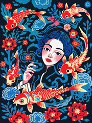 Chinese-style cyberpunk girl with fish and flowers