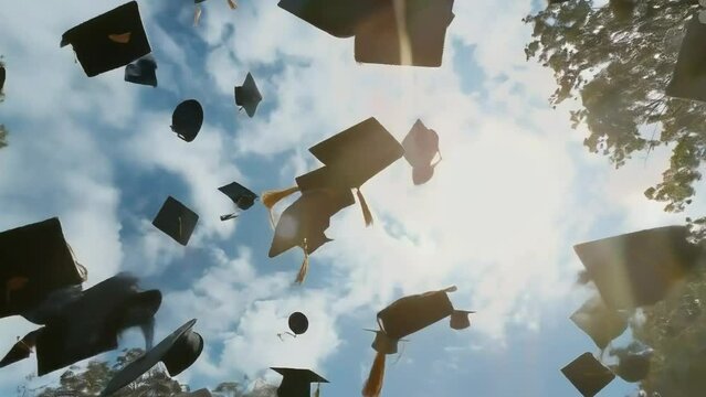 Graduation caps fly skyward in a slow-motion, Graduation Caps Soaring in Slow Motion, Slow-Motion Graduation Cap Toss