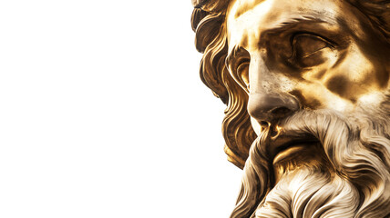 Close-up of a golden classical statue's face with detailed features and a flowing beard, against a white background.