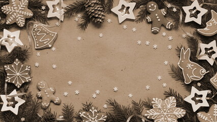 Christmas Frame With Cookies And Pine Decorations Sepia Top View Craft Background