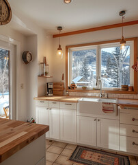 A photo of a kitchen with white cabinets and a wooden counter, with an open window showing the snow-capped mountains outside