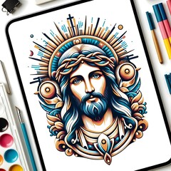 A drawing of a jesus christ on a tablet image attractive has illustrative meaning used for printing card design illustrator