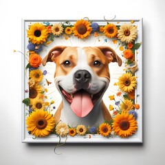 A dog in a frame of flowers image art realistic photo illustrator.