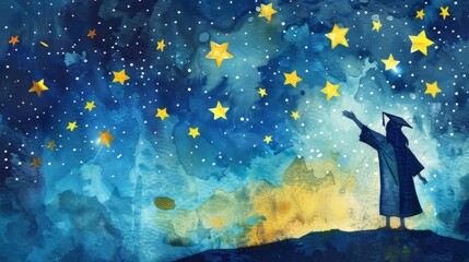 Watercolor illustration of a graduate reaching for the stars