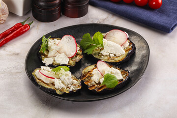 Grilled eggplant with cheese and radish