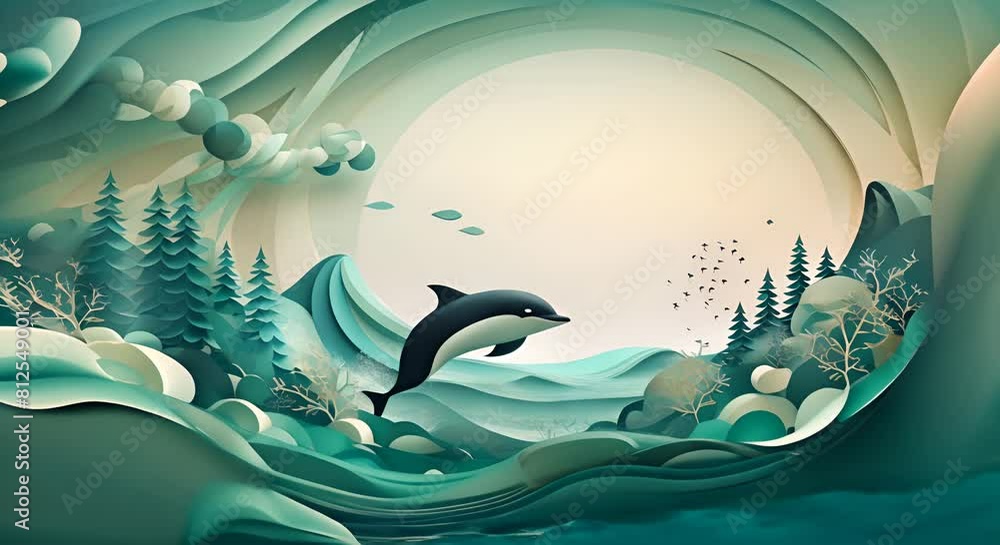 Wall mural 3d-rendered paper-cut scene of a whale diving deep into the ocean, minimalist background,