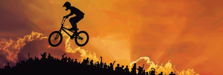 Obraz premium A captivating silhouette of a BMX cyclist performing a thrilling mid-air trick, set against a solid color background, providing an ideal copy space for various designs.