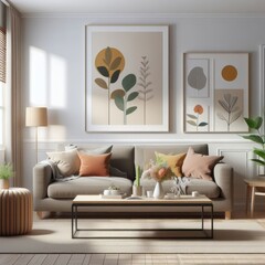 A living room with a template mockup poster empty white and with a couch and coffee table image realistic photo card design.