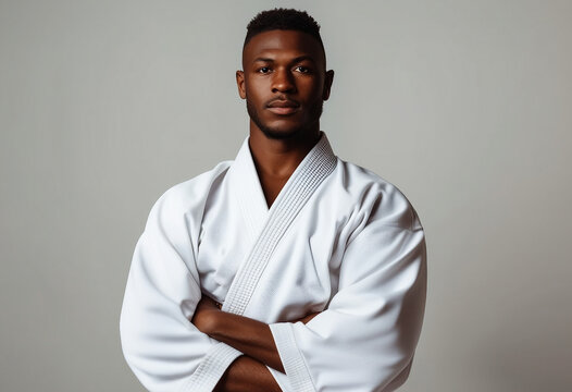 portrait, African American, karate master, arms crossed, white kimono outfit, isolated white background


