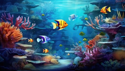Tropical fish in the underwater, coral reef, amazing underwater life, various fish and exotic coral reefs, ocean wild creatures background