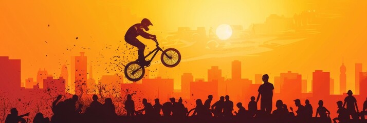 Obraz premium A silhouette of a cyclist, performing a mid-air trick on a sleek BMX bike, amidst a backdrop of a lively urban event. Spectators cheer in the crowd, as the rider skillfully maneuvers the bike in a