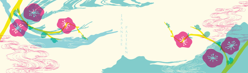 Japanese background with floral element vector. in risograph style Flower branch decoration with floral pattern illustration  banner in vintage style.