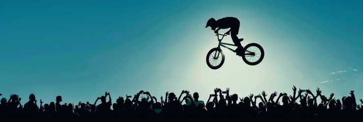 Obraz premium A close-up silhouette of a daring BMX cyclist performing a mid-air trick at a bikepark event, surrounded by spectators in the crowd, with a dynamic graphic wallpaper design and copy space in the