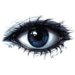 Blue female eye with long eyelashes on white background.