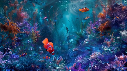 Under the sea, a vibrant world unfolds. Blue algae sway gently beside turquoise coral. Purple sponges contrast the vibrant red and orange fish. An underwater paradise, teeming with life.